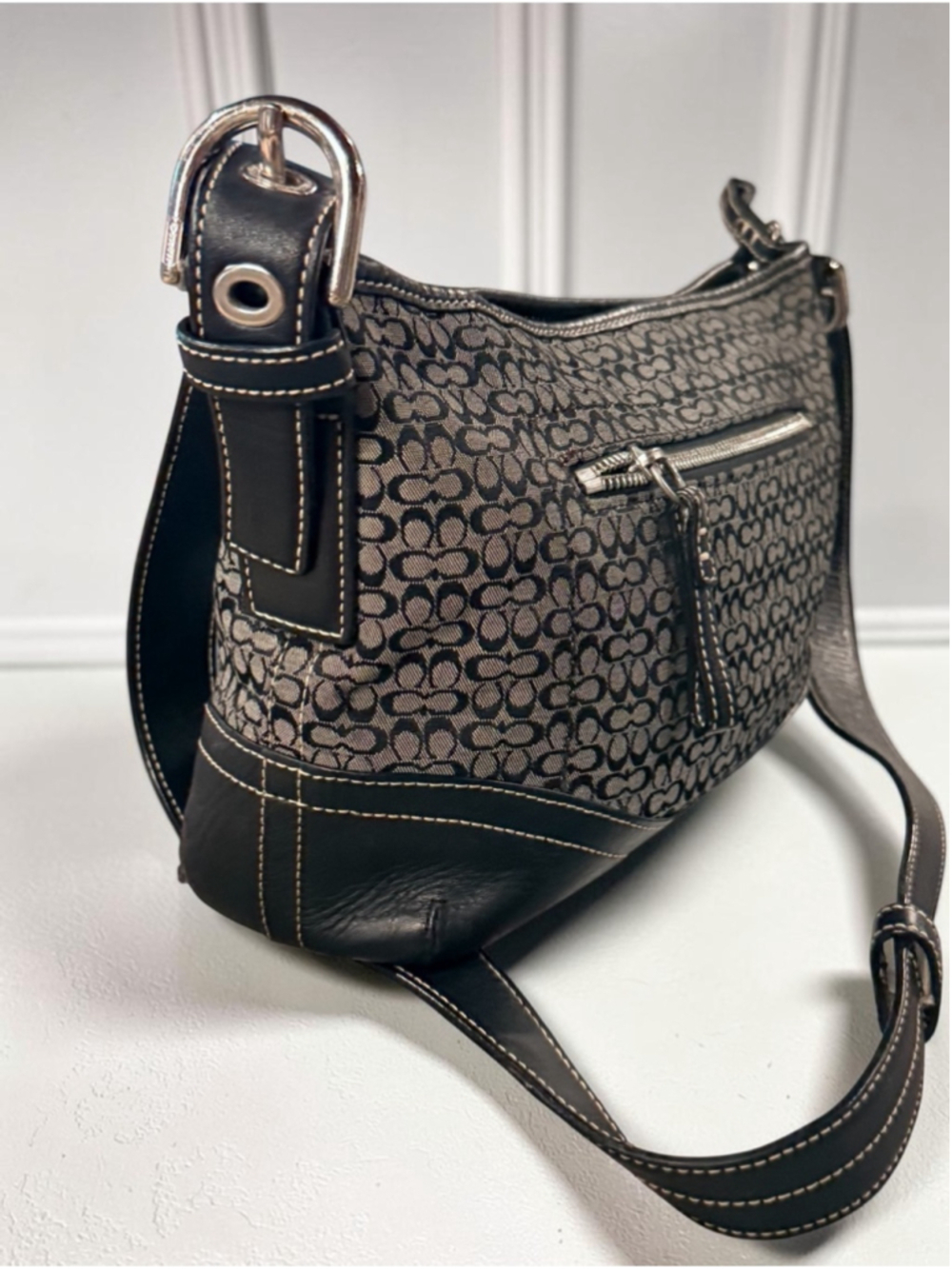 Y2K Coach Black Gray Signature C Jacquard Soho Hobo Shoulder Bag F10945 - Picture 4 of 16
